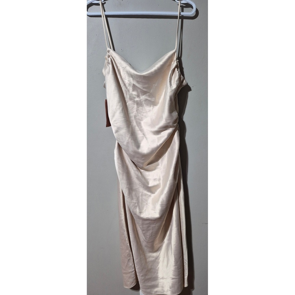 BHLDN Champagne Satin Cowl Neck Ruched Midi Dress NWT Large Bridesmaid Formal